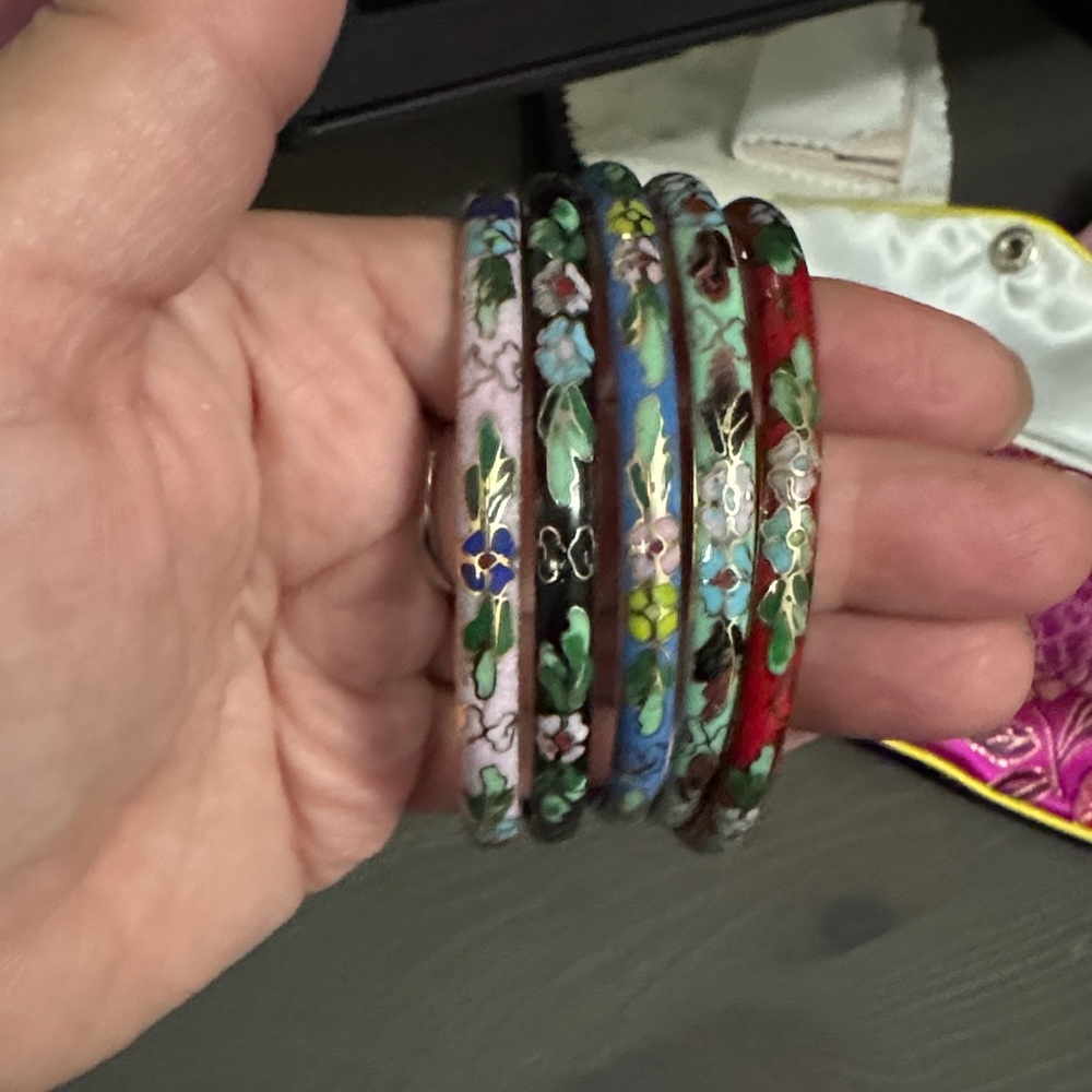Cloisonné Floral Enamel Bangle Set - Multicolor (5 bangles)